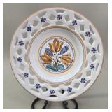 Hand-Painted Floral Bowl with Lattice Rim vtg