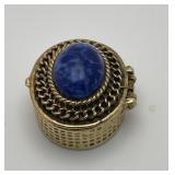 Gold tone Miniature Snuff Box with a Blue Stone