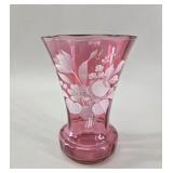 Bohemian Cranberry Glass Floral Enamel Vase