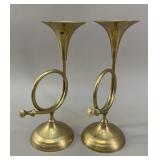 Mid Century Pair of Brass French Horn Candlesticks