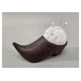 Antique Treen Wooden Shoe Pin Cushion