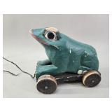 Hand-Carved Folk Art Frog Pull Toy vtg