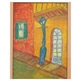 Expressionist Cityscape with Blue Lamppost, Pastel