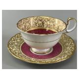 Aynsley Bone China Gilt & Maroon Teacup Trio