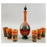 Soviet Era Hand-Painted Wooden Decanter Set
