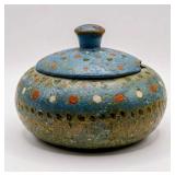 Antique Hand-Painted Blue Lacquer Wood Lidded Bowl