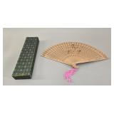 Chinese Carved Sandalwood Folding Fan with Box