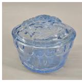 Blue Pressed Glass Floral Lidded Bowl