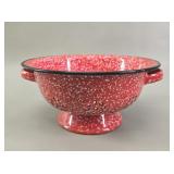 Red Speckled Enamel Colander vtg