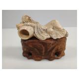 Chinese Soapstone Recumbent Immortal on Wood Stand