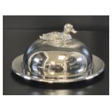 Small Silver Plated Butter Dish w Duck Handle vtg