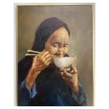 Signed ' Old Chinese lady eating rice' Painting