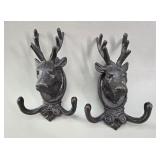 Pair of Rustic Cast Iron Deer Head Wall Hooks