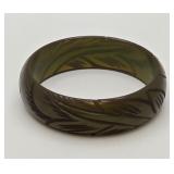 Antique Carved Olive Green Bakelite Bangle