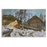 Signed Impressionist Cabin in Winter Oil Painting
