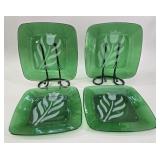 Glass Forest Green 'Tulip' Plates, Set of 4 vtg