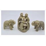 3 Pcs Carved Figurines 3 Monkees 2 Elephants 2 In