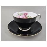 Adderley Bone China Black & Floral Teacup & Saucer