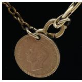 Old Pocket Watch Chain with English Coin Fob