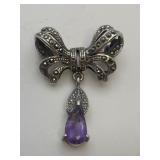 Sterling Art Deco Amethyst & Marcasite Bow Brooch