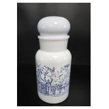 Belgian Blue Transferware Milk Glass Jar vtg