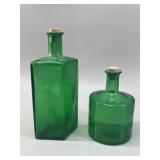 Pair of Emerald Green Glass Bottles VTG