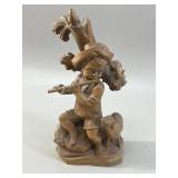 Antique Wood Shepherd Boy Playing Flute Sculpture