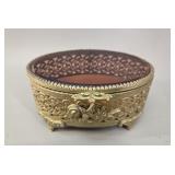 Filigree Brass & Amber Beveled Glass Casket Box