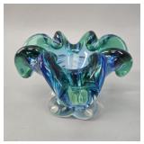 Chalalet Style Art Glass Blue & Green Ruffled Bowl