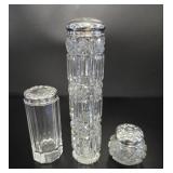 3 Antique Glass Vanity Jars w Sterling Caps