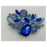 Blue Aurora Borealis Rhinestone Floral Brooch