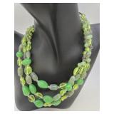 Three Strand Beaded Green Necklace w Blown Glass