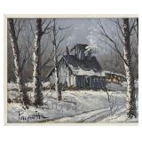 Quebec Winter Cabin Painting Signed Paquette