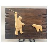 Folk Art Inuit Hunter Scene Wood Plaque Signed