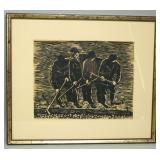 Socialist Realist Woodblock Print Railroad Workers