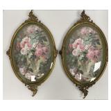 Pair of Vintage Gilt Metal Oval Rose Prints