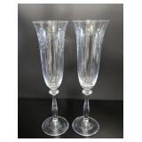 2 Etched Champagne Flutes vtg