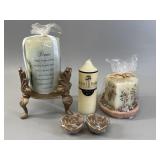 Assorted Decorative Candles and Metal Stand