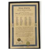 1947 B'nai B'rith Montreal Lodge Framed Charter