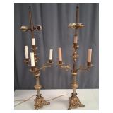 Antique Gothic Revival Brass Candelabra Lamps -