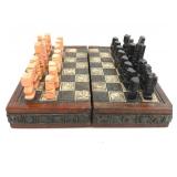 Vtg Inca Aztec Carved Onyx Chessmen & Folding