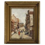 1953 Signed European Street Scene Oil Painting