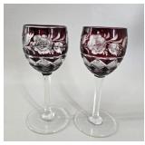 2 Bohemian Cranberry Cut-to-Clear Wine Glasses
