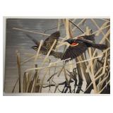Vintage Lg. Gouache ï¿½Flying Birds in Cattailï¿½