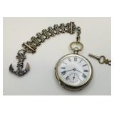 Silver Pocket Watch with Anchor Fob Chain & Key