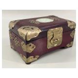 Chinese Brass-Bound Hardwood & Jade Jewelry Box