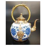 Chinese Tibetan Brass-Mounted Blue & White Teapot