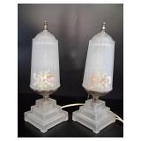 Pair 1930's Art Deco Satin Glass Bedside Lamps