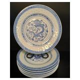 Blue & White Dragon Rice Grain Plates Set of 7