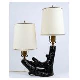 1950s Black Ceramic Driftwood Double Lamp